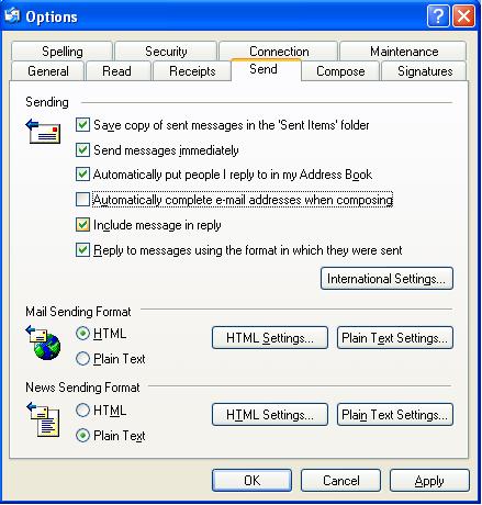 Advance E-mail Option window